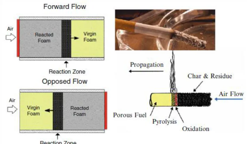Figure 2.1: Forward and opposed types of smouldering. Airflow direction versus the 