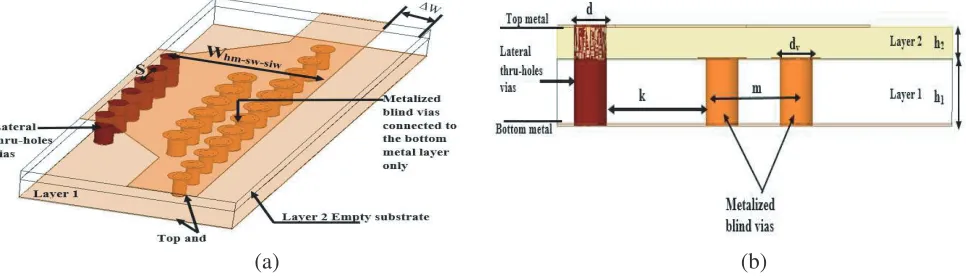Figure 1. HM-SW-SIW representation: (a) 3-D view, and (b) cross-sectional view.