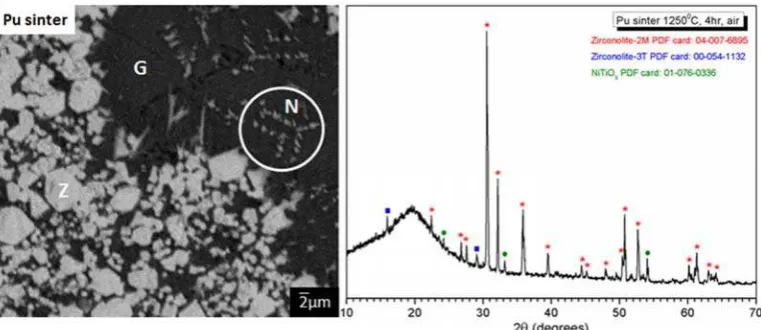 Figure 1:  BSE micrograph and XRD pattern showing the microstructure and phase assemblage of a Pu-bearing sintered glass-ceramic sample