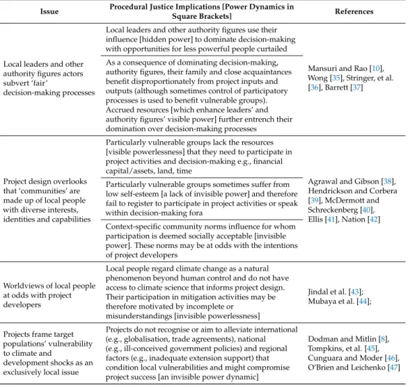 Table 1. Issues that can complicate the achievement of procedural justice through community-based project implementation and associated power dynamics.