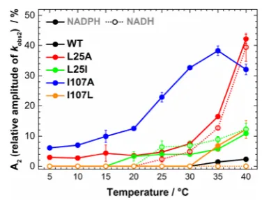 Figure 3. Manifestation of multiple reactive conof temperature for investigated PETNR variants