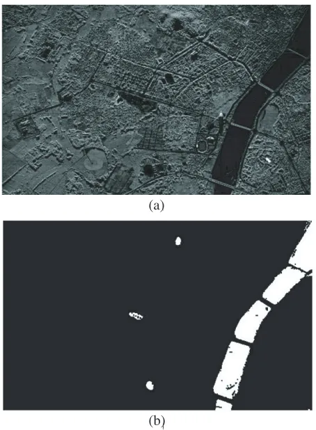 Figure 5. (a) Real SAR image with a size of 328 × 533 pixels. (b) Segmented image based on fusionframework.