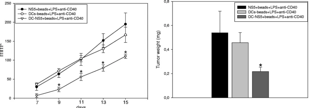 FIG. 6. Vaccination with DCs containing beads coated with NS5, LPS, and anti-CD40 induces NS5-speciﬁc immunity in vivo