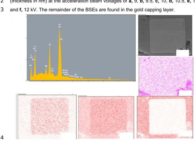 Figure S3: High TMR Pillar EDX.  Further  EDX profiles for a high TMR pillar. SEM image taken at 10 kV and the corresponding EDX maps are shown for C, Al, Au and Ru