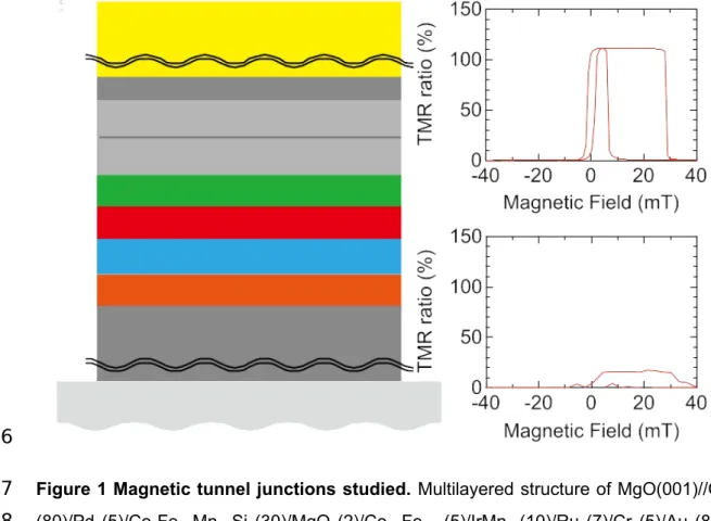 Figure 1 Magnetic tunnel junctions studied. Multilayered structure of MgO(001)//Cr (80)/Pd (5)/Co 2 Fe 0.4 Mn 0.6 Si (30)/MgO (2)/Co 0.5 Fe 0.5   (5)/IrMn 3   (10)/Ru (7)/Cr (5)/Au (80) (thickness   in   nm)