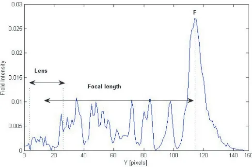 Figure 9. Electromagnetic ﬁeld intensity along the transverse axis.