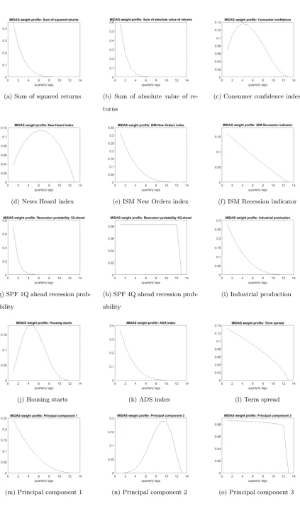 Figure 2: Weighting schemes of selected GARCH-MIDAS models from Table 4