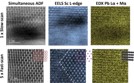 Figure 2.  Fixed total-dose comparison of single-scan and multi-frame strategies. Figure shows the ADF image (left), the Sc 