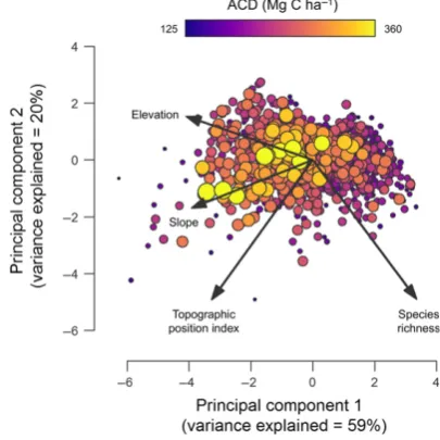 Figure 2 Predictive accuracy of partial least squares regression (PLSR) models of (a) species richness of emergent trees and (b) community-weighted mean