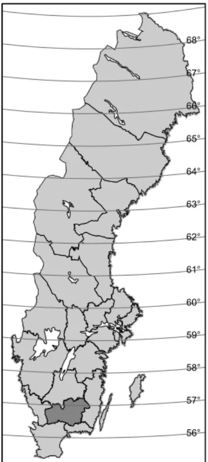 Figure 1. Map of Sweden, the county of Kronoberg coloured in dark grey. 