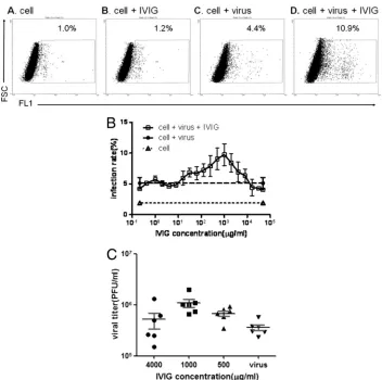 FIG. 4. Intravenous immunoglobulin (IVIG) can enhance the EV71 infection on THP-1 cells at subneutralization doses