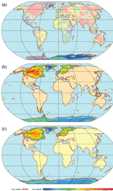 Figure 2. Changes in boundary conditions related to changes in icesheets for the midPliocene-eoi400 (a) and lgm (b: ICE-6G_C and c:GLAC-1D) experiments