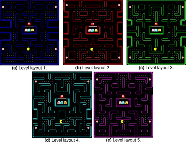 Figure 3.2: Initial level layouts for the M S . P AC -M AN environment. Each layout is used for two levels.