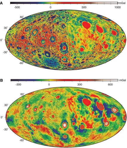 Figure 1.14. Free-air and Bouguer gravity anomaly maps of the Moon from the GRAIL lunar gravity model GL0420A