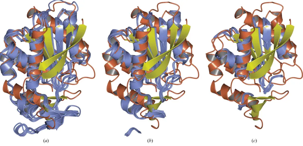 Figure 4Three levels of the truncated ensemble model (ice blue) aligned with chainlevel, ( A of PDB entry 5cml (orange/yellow)