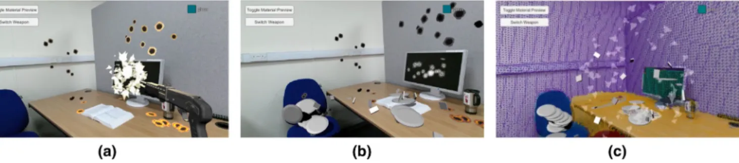 Figure 1: An MR shooting game (a) and a throwing plates game (b) developed by the proposed framework that can provide material-specific physical interactions detected by deep semantic material learning method