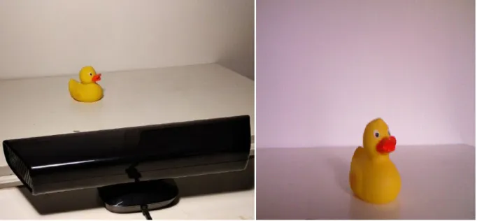 Figure 2: The robot setup (left) and what the robot is seeing with its RGB sensor (right).