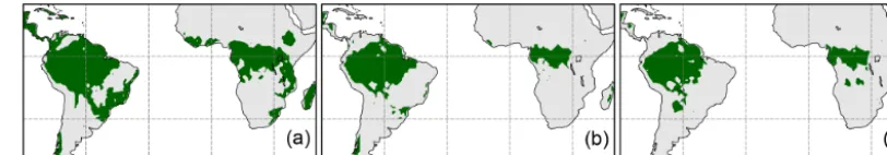 Figure 2. Tree dominated areas of the (a) unchanged large-scale disturbance experiment, (b) parameter-updated experiment, and(c) GLC2000.