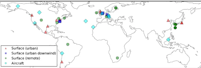 Figure 3. Global map showing the 40 surface AMS observations, originally compiled by Zhang et al