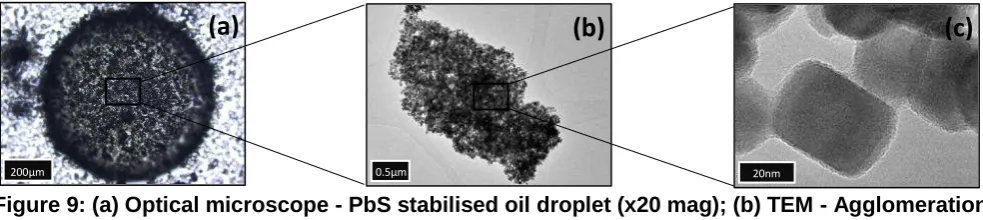 Figure 9: (a) Optical microscope - PbS stabilised oil droplet (x20 mag); (b) TEM - Agglomeration of PbS nanoparticles; (c) TEM - Individual PbS nanoparticle (cubic) 