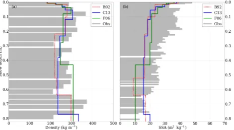 Fig. 8.Fig. 8: Comparison between simulated and measured density (left) and SSA (right) at Summit, on10 May 2011, 12h00 LT