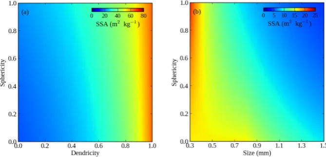 Fig. 1. Relationship between SSA and grain variables in the original Crocus version. Empirical equations (Vionnet et al., 2012) were usedFig