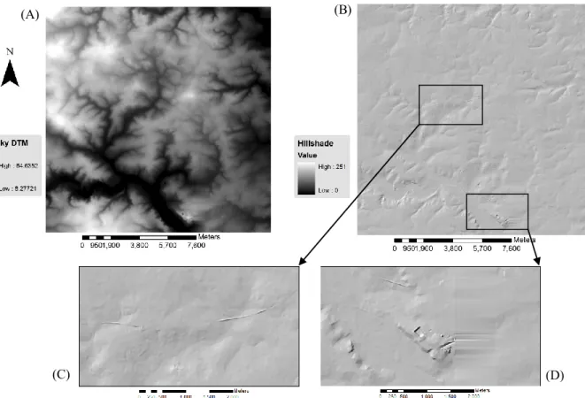 Figure 4.13: Examples of artifacts in an Bluesky DTM shaded-relief image (River  Wensum area) that are clearly illustrate problems associated with DTMs derived from  DSM data