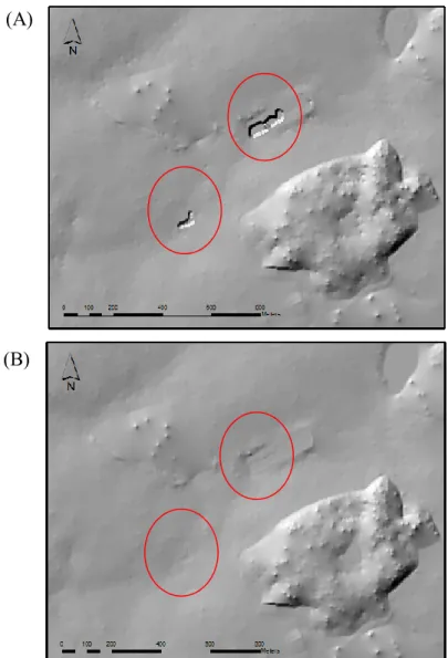 Figure 2.4: Examples of spurious pits treatment using ArcGIS pit filling function (A) snapshot  of two pits from NEXTMap DTM shaded relief image (Wensum area) and (B) same area after  pits filling treatment