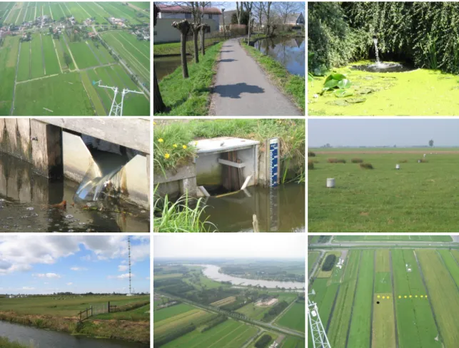 Figure 2.3: Some photos from the Cabauw polder. Top: (1) northern catchment boundary with elevated water course (between the houses) as seen from the tower, (2) variable inlet (water flows from right to left, under the road into the catchment), and (3) of 