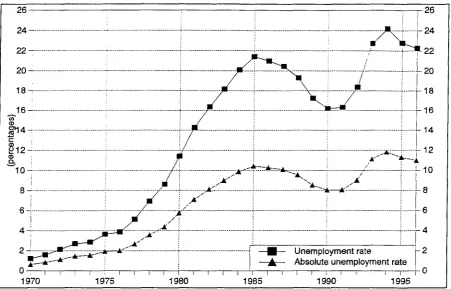 Figure 1.23. The evolution of the unemployment rate in terms of the labour force and total population 16 and over, 1970-1996 (Source: EPA)