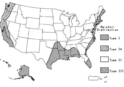 Figure 3-4.  Geographic boundaries for SCS rainfall distribution (Asquith and  Roussel, 2004) 