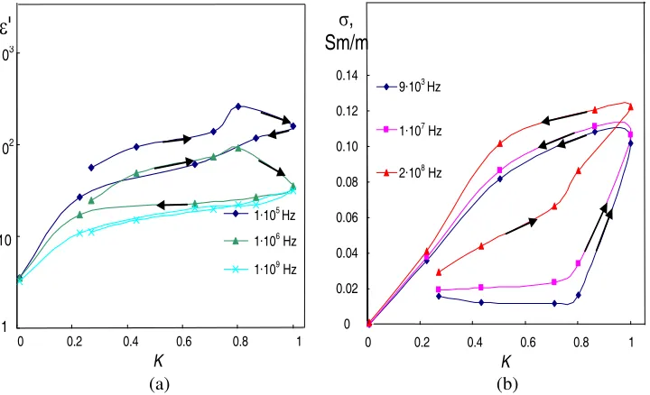 Figure 3. Hysteresis of (a) the DP and (b) conductivity at changing the saturation level in the sampleNo
