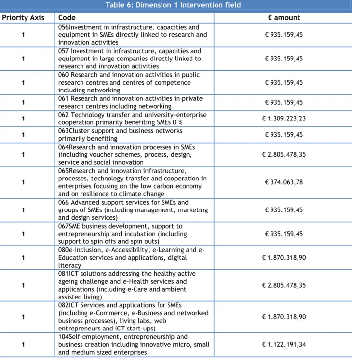 Table 6: Dimension 1 Intervention field 