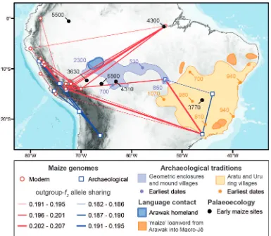 Figure 3 – Genomic relatedness overlapping linguistic and archaeological patterns in lowland South America