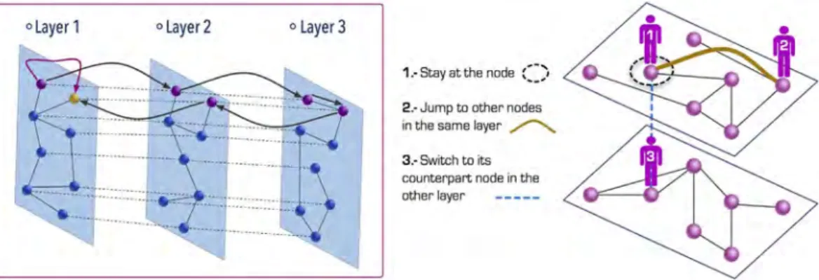 Figure 1.  Illustration of the Lévy flight navigation strategy on a multiplex network