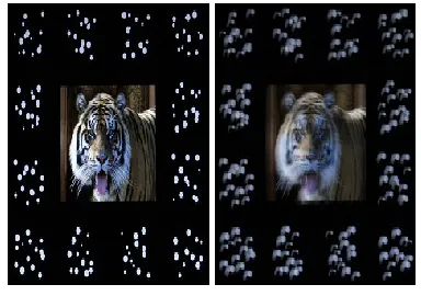 Fig.1. Sharp (left) and intentionally blurred (right) image pair acquired for accurate calculation of the blur PSF from the known patterns surrounding the image