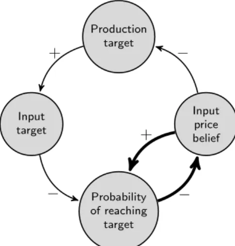Fig. 2 Causal loop diagram for input price beliefs, also containing two balancing feedback loops.