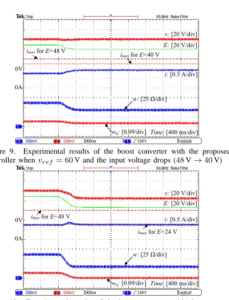 Figure 10.Experimental results of the boost converter with the proposedcontroller when vref = 60 V and the input voltage drops (48 V → 24 V)