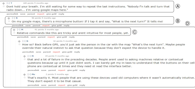 Fig. 2. A discussion about Google Maps on Reddit. Participants identify and debate on the unintitiveness of relative voice commands in the application.