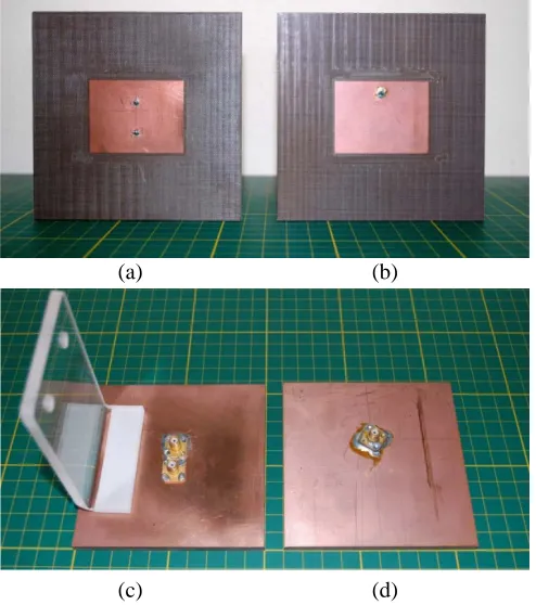 Figure 5. Prototypes: (a), (c) diﬀerentially-driven microstrip antenna, (b), (d) single-probe microstripantenna.