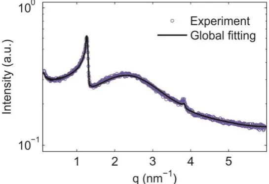 Figure 5. The SAXS data from cocoa butter at 20 ºC and the corresponding global analysis with an obtained SFC of about 5%