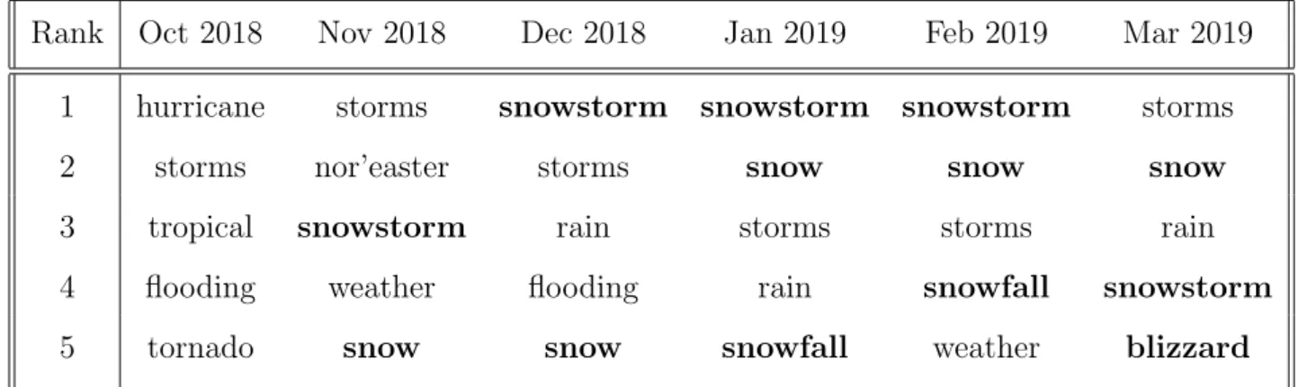 Table 4.1: Top 5 Words closest to the Word ‘Storm’ in Each Month (6-month data set)