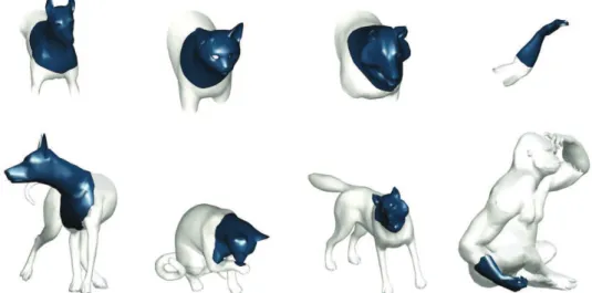 Figure 7: Examples of mathing of random parts of TOSCA animal shapes (rst row) to approximately