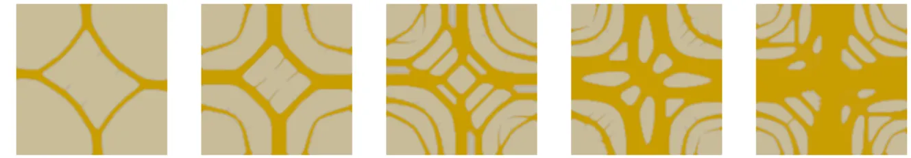 Figure 1.4: Optimal material distributions on a thin plate under certain volume conditions (here for different volume constraints)