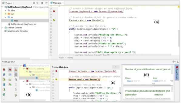 Figure 1 shows a screenshot of Find Security Bugs in action in the IntelliJ IDEA  environment  showing  bug  detection  for  the  sample  code