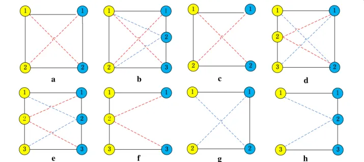 Figure 1  Eight cases (a–h) of connectivity in conserved protein complexes from two different PPI networks when UEDAMAlign adopts the same  lenient criteria as AlignNemo does to extend a pair of homologous proteins