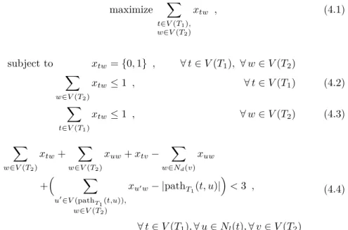 Tab. 4.2: All cases for the first four terms in the left part of condition (4.4) in ILP formulation of NPM Case: 1 2-8 9 10 11 12 13 14 15 16 P w∈V (T 2 ) x tw 0 0 {0, 1} 0 0 1 1 1 1 1 1 P w∈V (T 2 ) x uw 0 {0, 1} 0 1 1 0 0 1 1 1 1 x tv 0 1 {0, 1} 0 0 0 1 