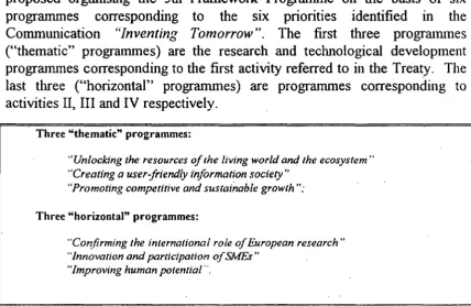 Table n° 2: The six programmes proposed for the Framework Programme 