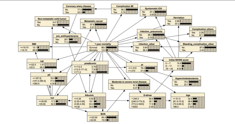 FIGURE 5 | Bayesian network for predicting 1-year mortality. The tree-augmented Bayesian network used 24 variables selected by the wrapper of the Bayesian network for prediction.
