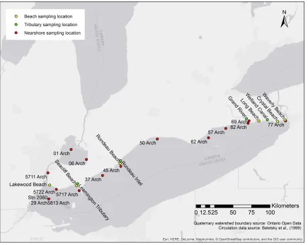 Figure 2.4. Lake Erie sampling locations and sample identification codes. Note that 29 Arch, 5813 Arch,  and Stn 2060 share the same location